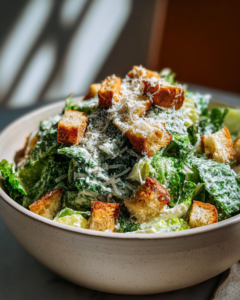 Close-up of a fresh caesar salad in a bowl, topped with creamy dressing, grated parmesan, and golden croutons.