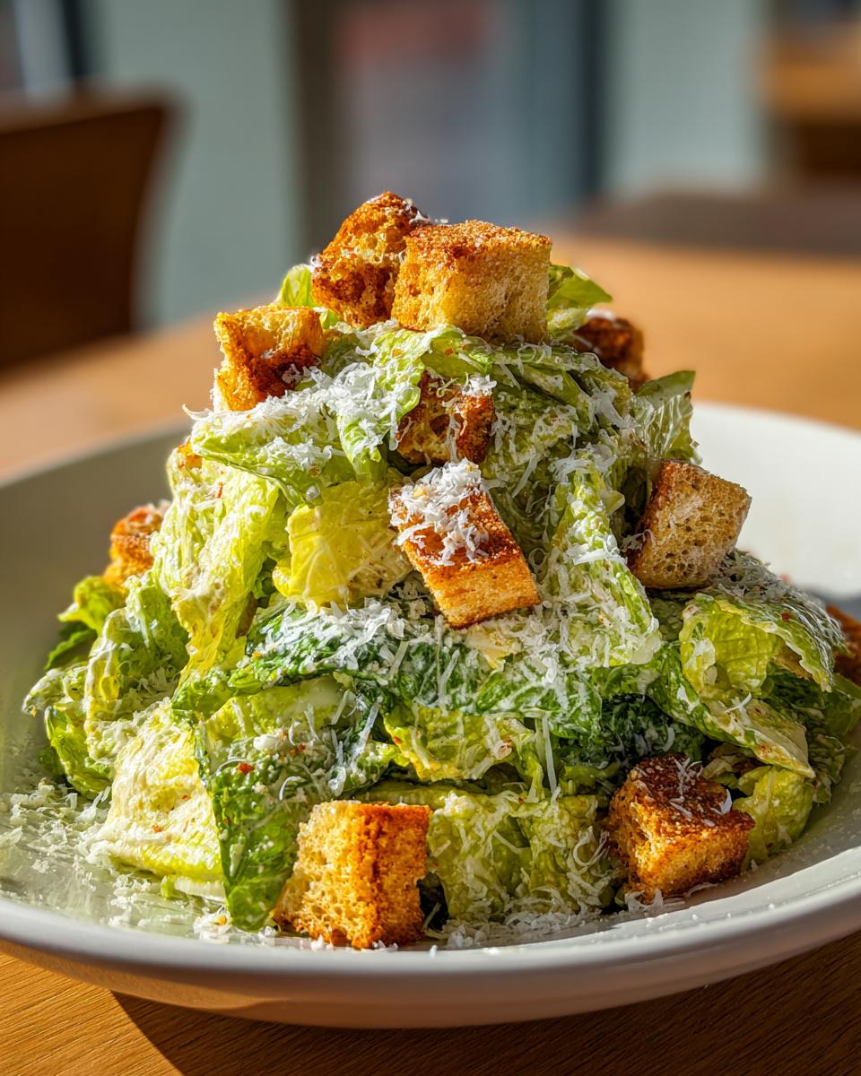 A tall mound of fresh caesar salad tossed in creamy dressing, topped with large golden croutons and grated Parmesan cheese.