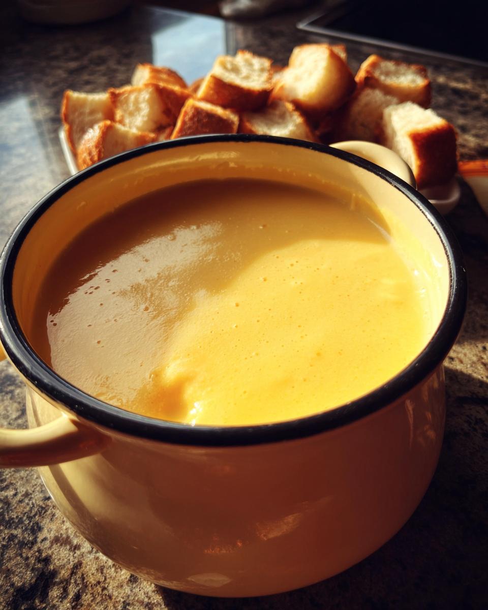 Close-up of creamy, melted cheese fondue in a yellow enamel mug with toasted bread cubes in the background.