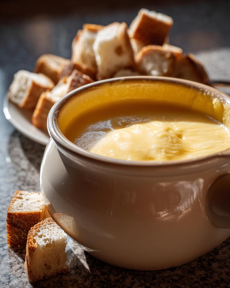 Close-up of a pot of warm, smooth cheese fondue served with cubes of bread for dipping.