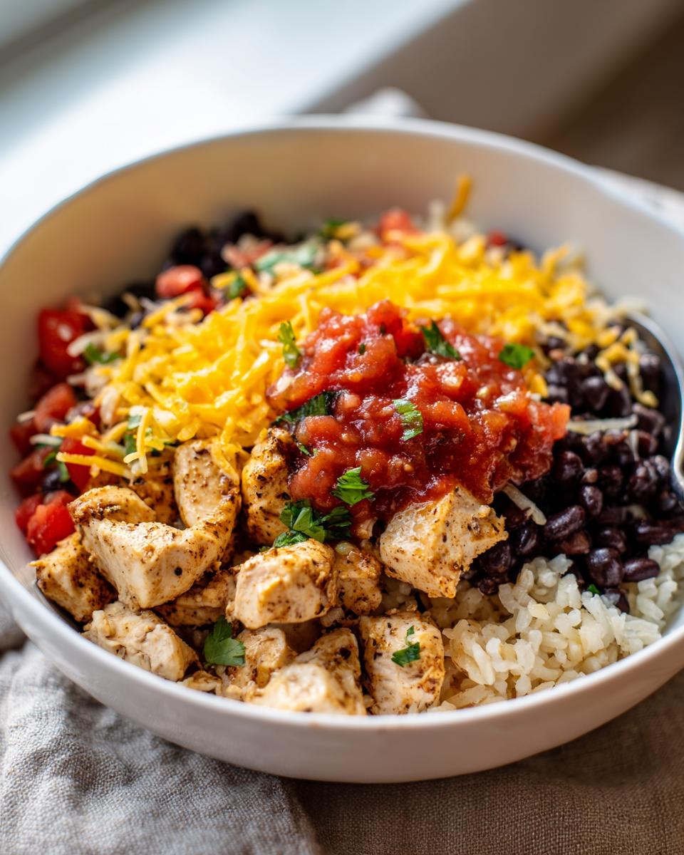 Close-up of a white bowl filled with an amazing chicken burrito bowl featuring seasoned chicken, rice, black beans, salsa, and shredded cheese.