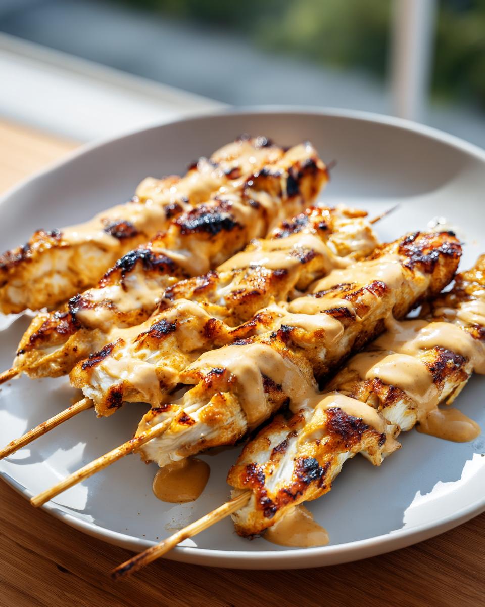 Close-up of grilled chicken satay skewers drizzled generously with creamy peanut sauce on a light gray plate.