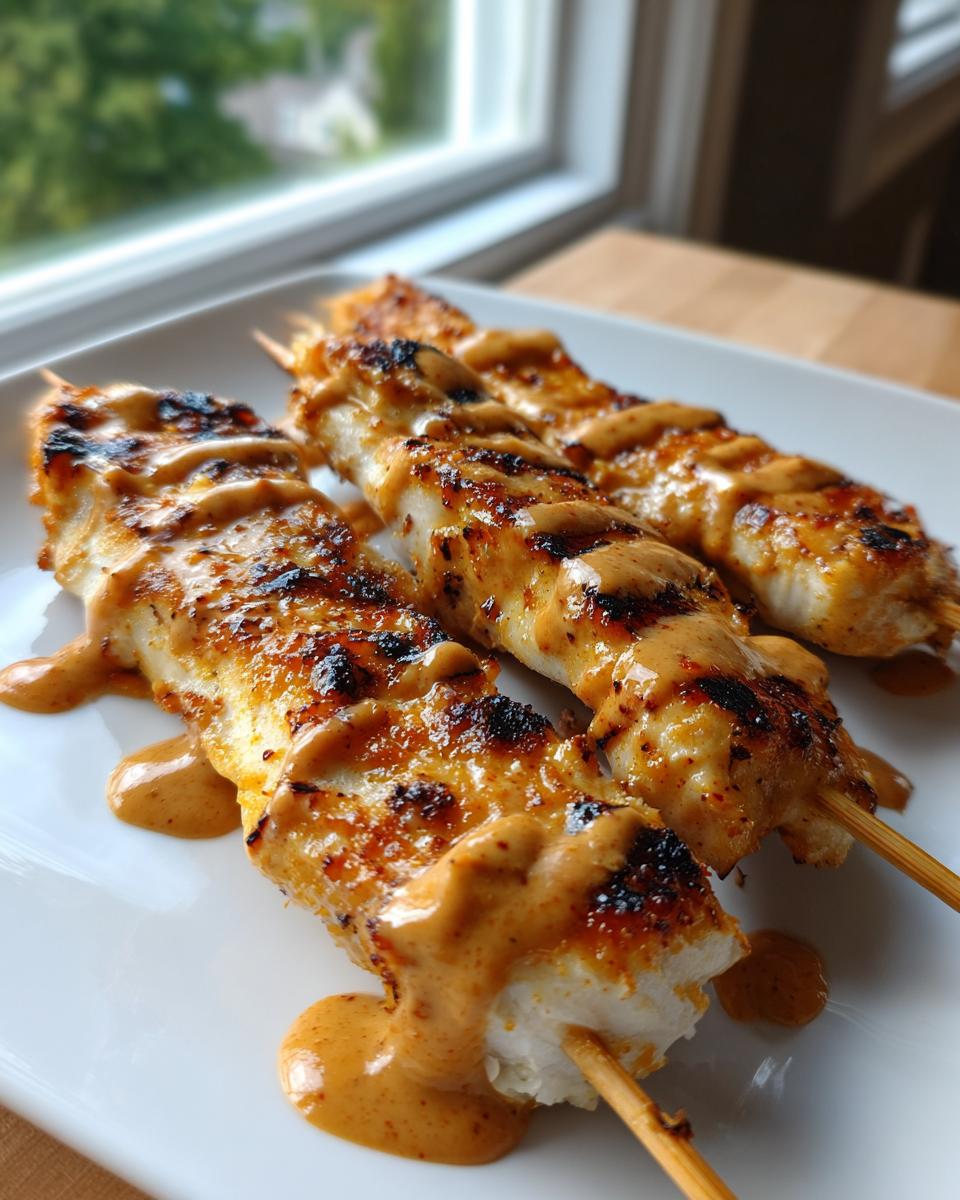 Three skewers of grilled chicken satay drizzled generously with creamy peanut sauce on a white plate.
