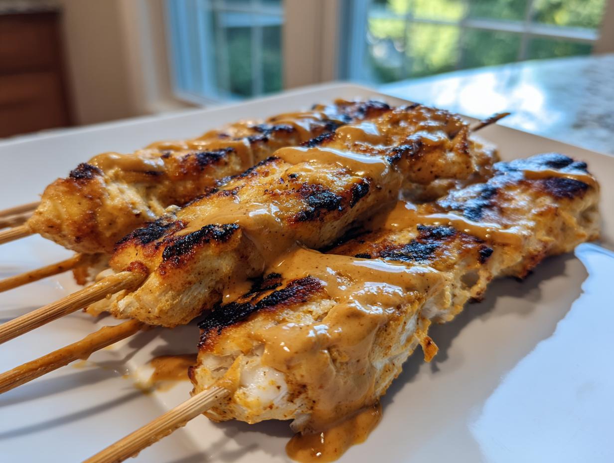 Three skewers of grilled chicken satay drizzled generously with creamy peanut sauce on a white plate.