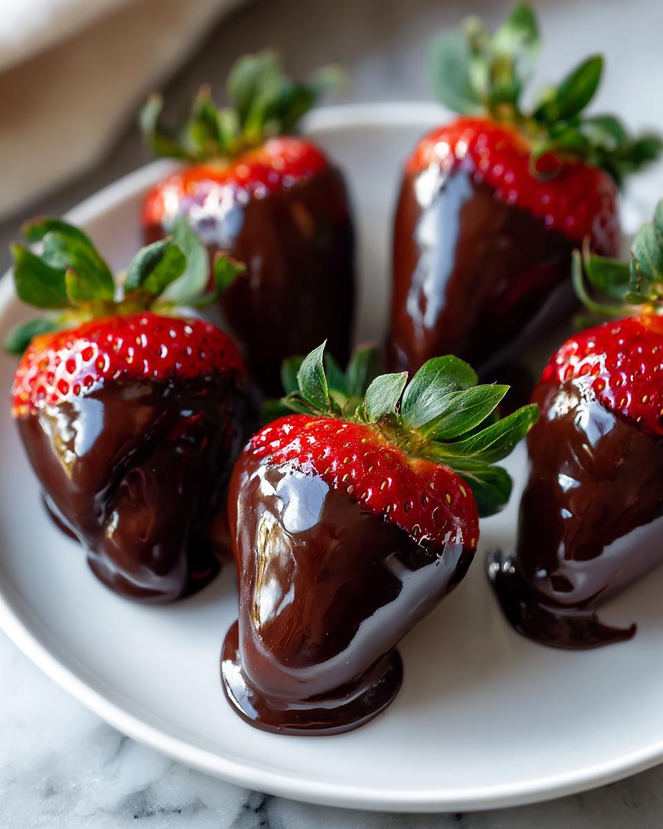 Close-up of five glossy chocolate covered strawberries arranged on a white plate.