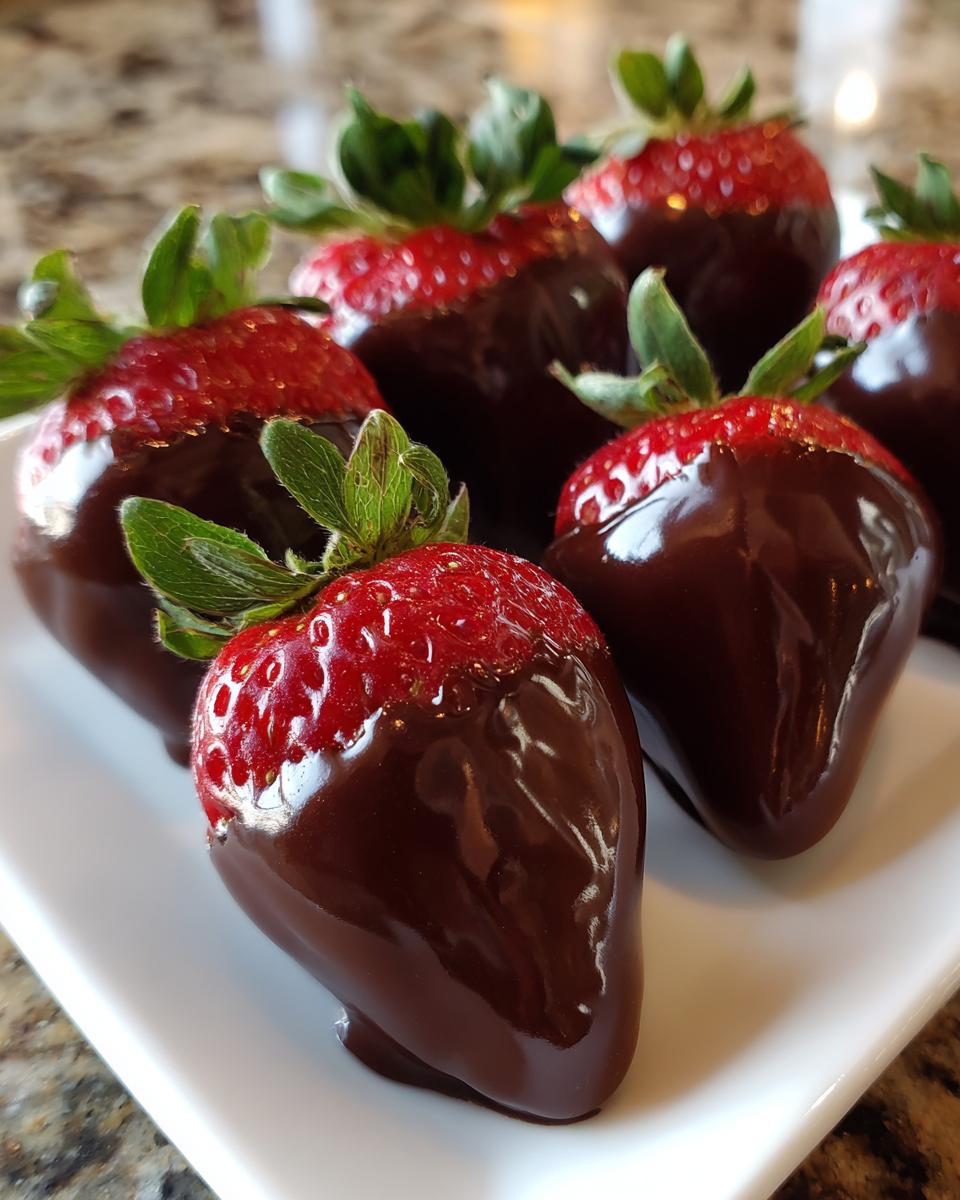 Close-up of several glossy chocolate covered strawberries with bright green tops arranged on a white serving dish.