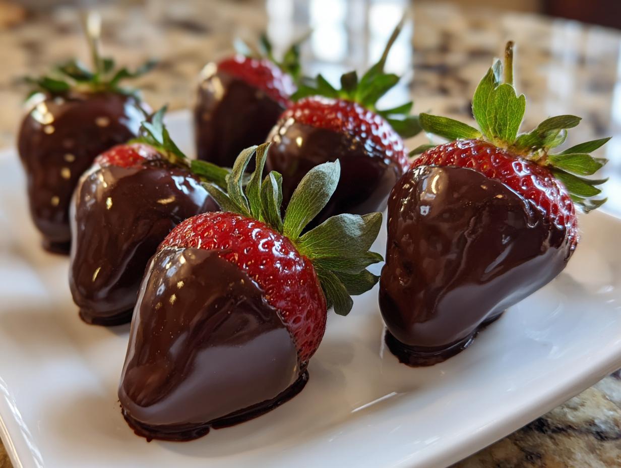 Close-up of several glossy chocolate covered strawberries arranged on a white rectangular serving dish.