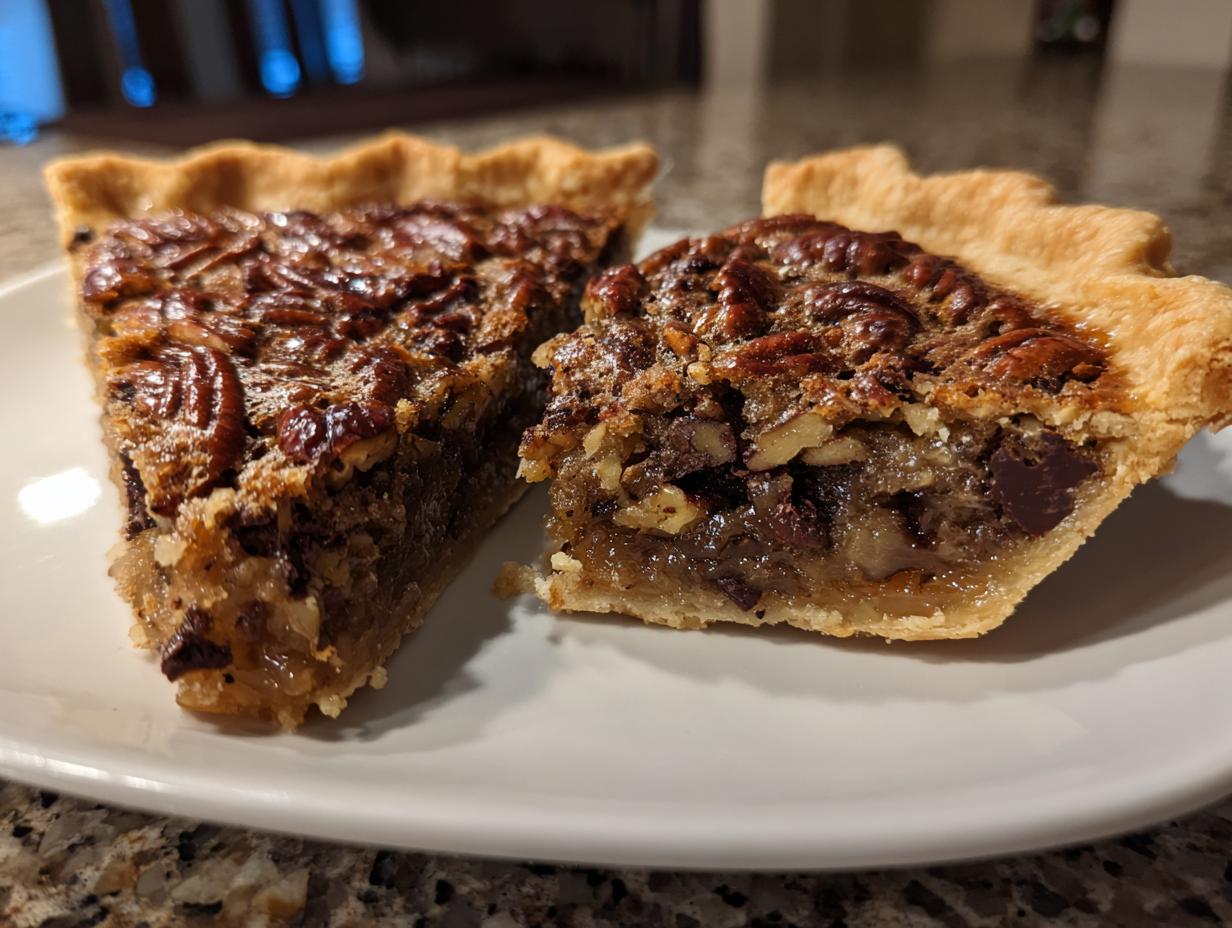 Close-up of two slices of chocolate pecan pie showing the gooey filling and pecan topping.