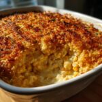 Close-up of a creamy, cheesy corn dip baked in a white dish with a perfectly golden and crispy breadcrumb topping.