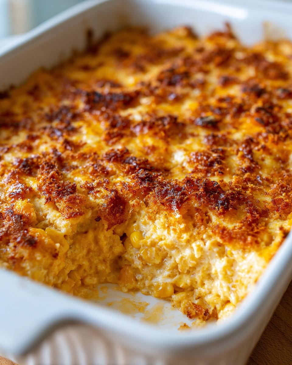 Close-up of a creamy, baked corn dip with whole kernels and a deeply browned, crispy topping.