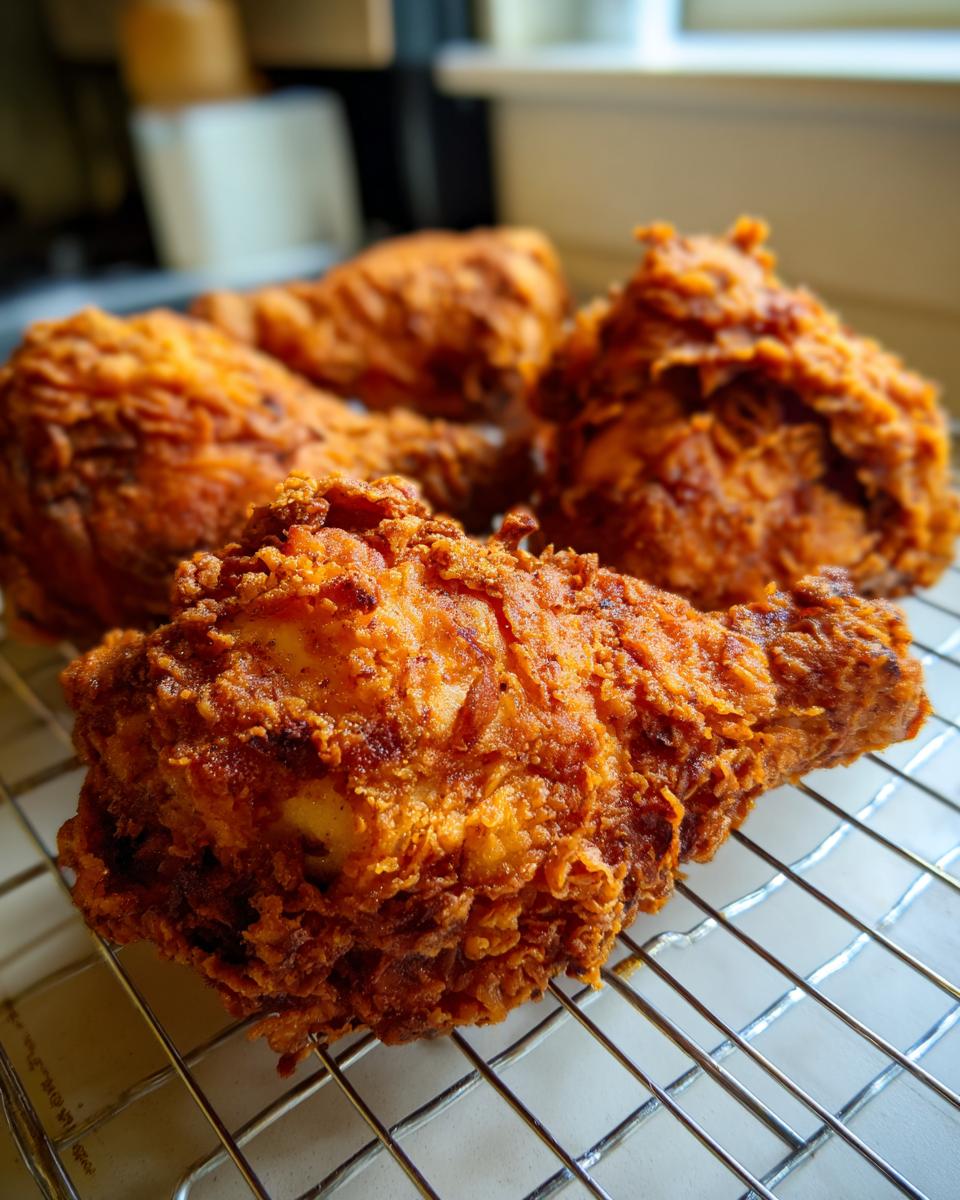 Close-up of perfectly cooked, crispy fried chicken pieces resting on a wire cooling rack.