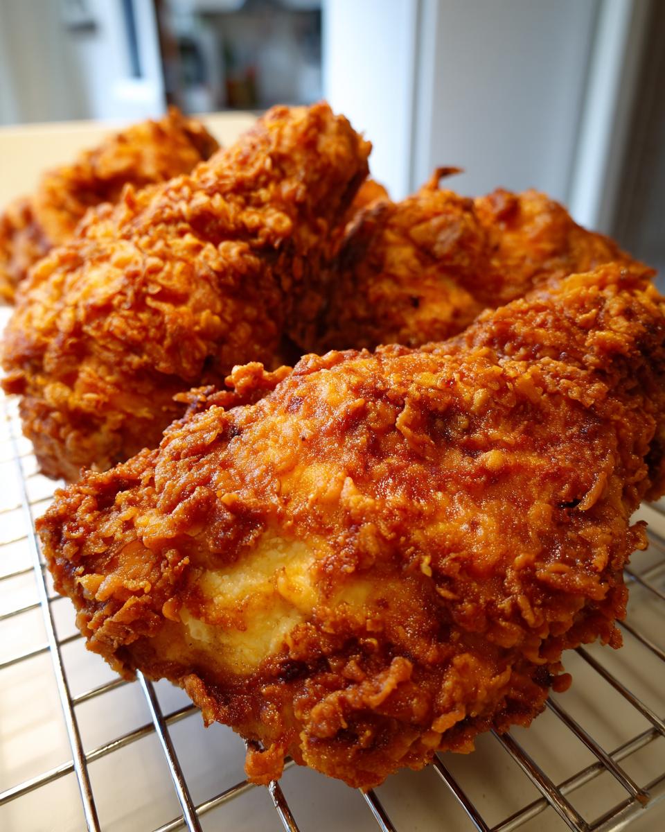 Close-up of several pieces of golden brown, extra crispy fried chicken resting on a wire cooling rack.