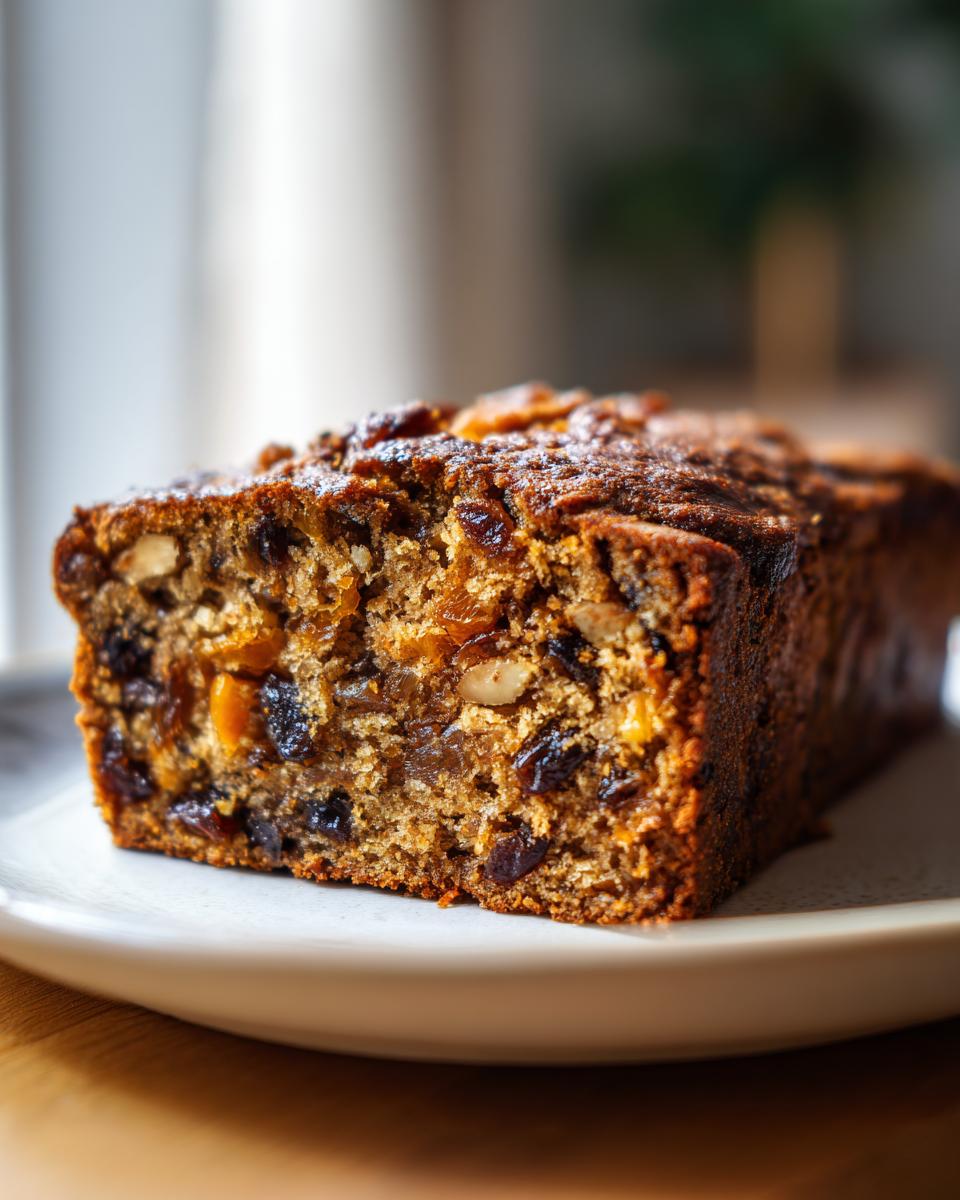 Close-up of a moist slice from an amazing fruit cake recipe, showing rich dried fruits and nuts.