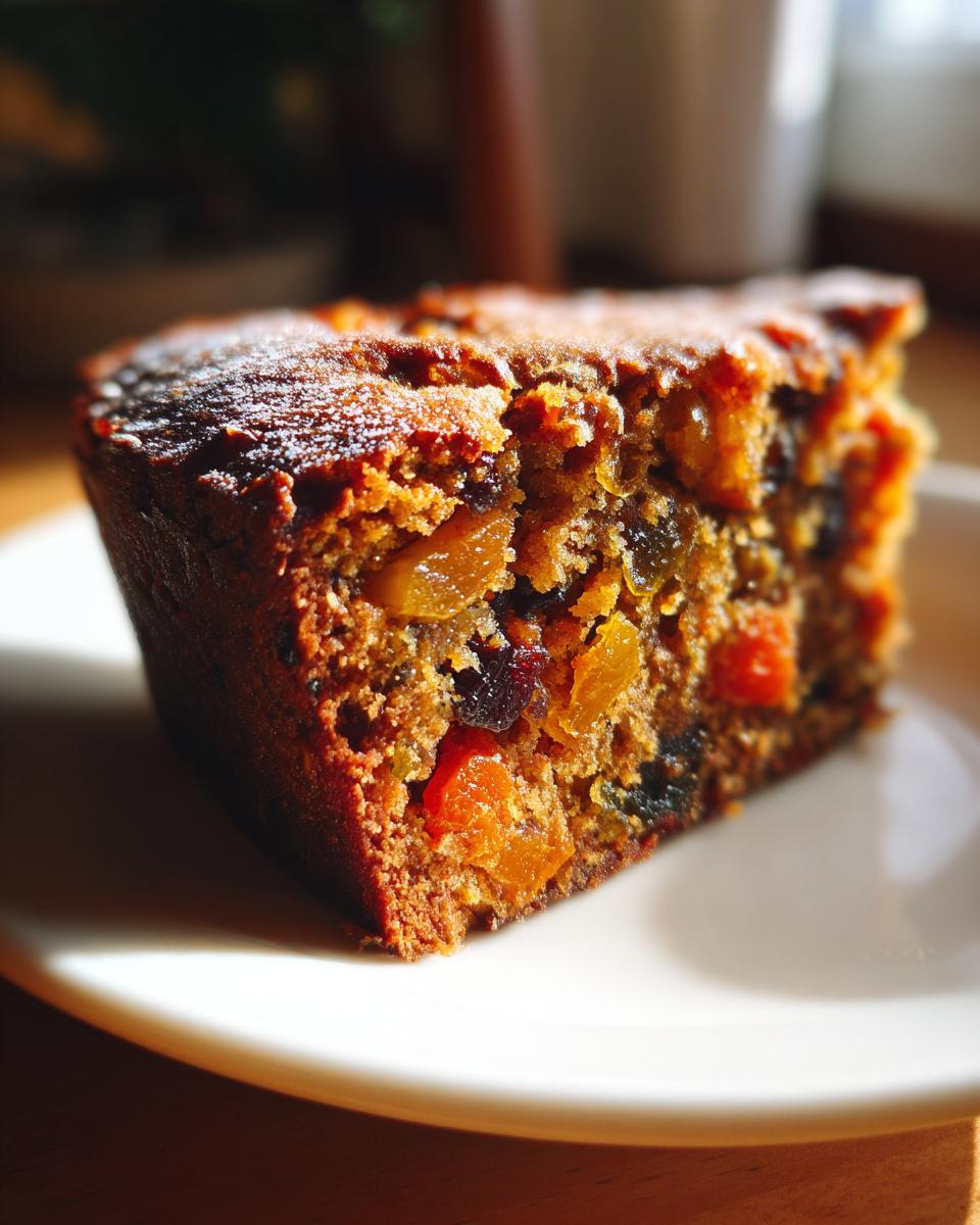 Close-up of a dense slice of homemade fruit cake recipe filled with candied fruits and raisins.