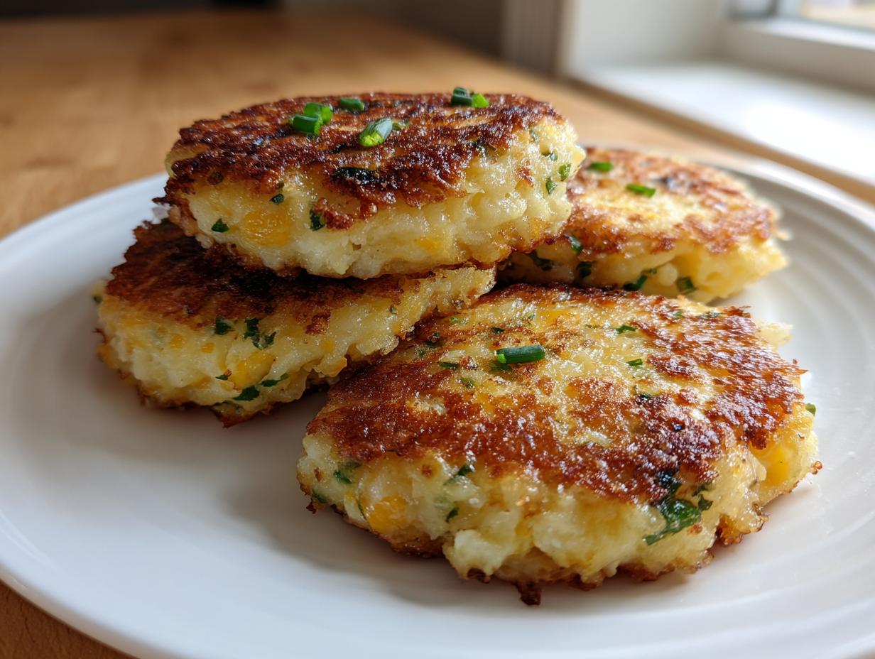 Four golden brown, pan-fried mashed potato cakes, speckled with cheese and chives, stacked on a white plate.