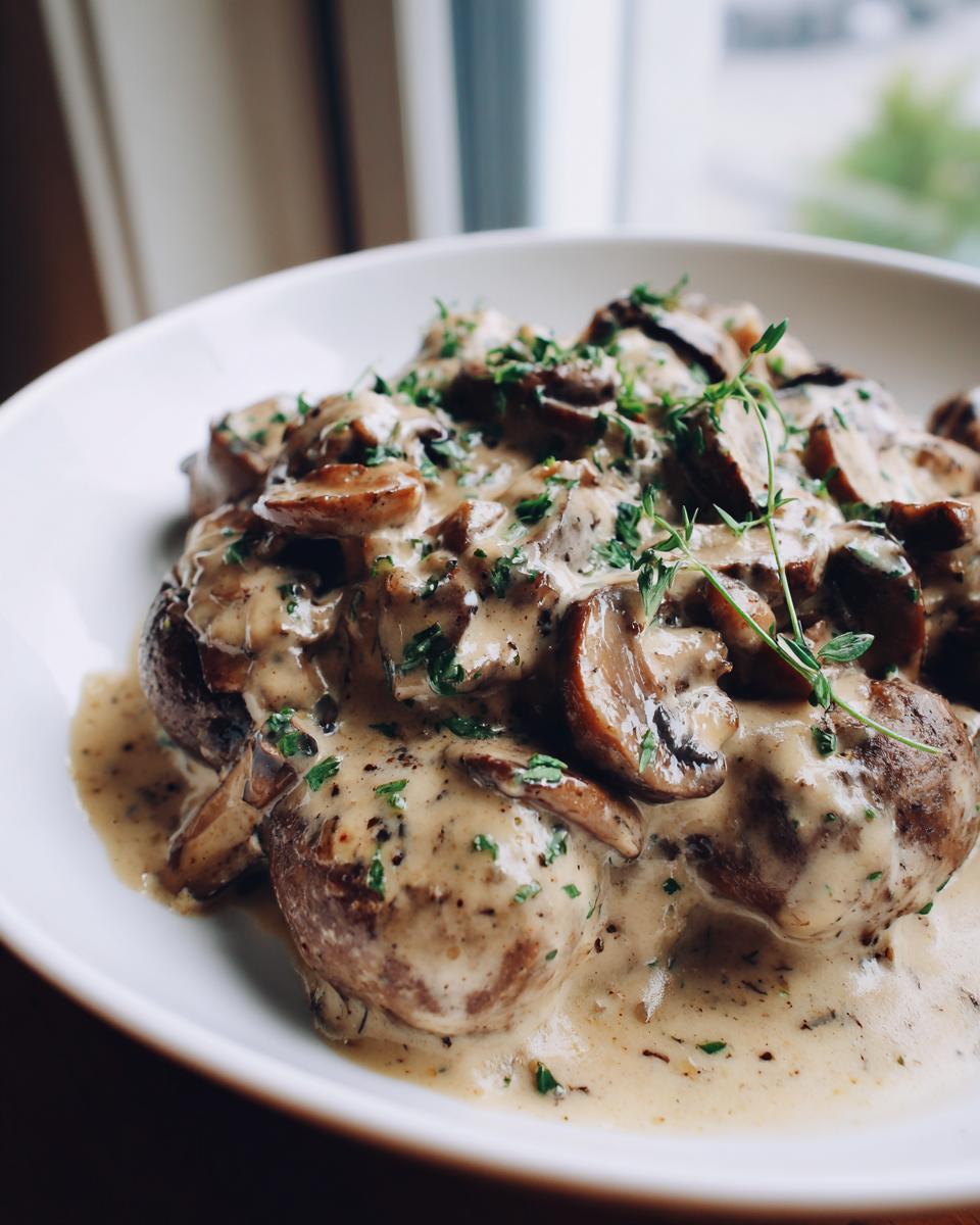 Close-up of food smothered in rich, creamy mushroom sauce, garnished with fresh parsley and thyme.