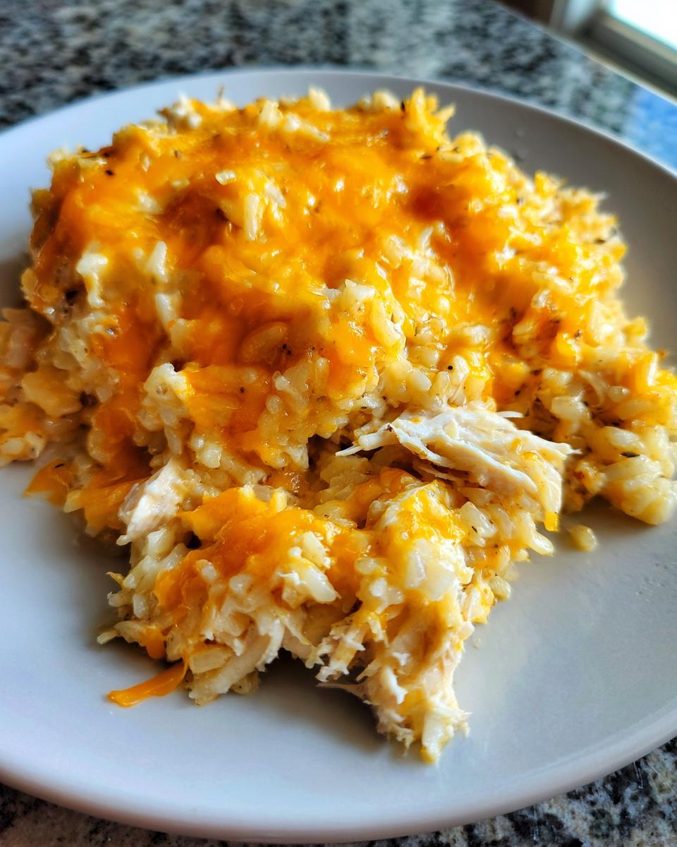 A close-up serving of creamy, cheesy rice casserole mixed with shredded chicken on a white plate.