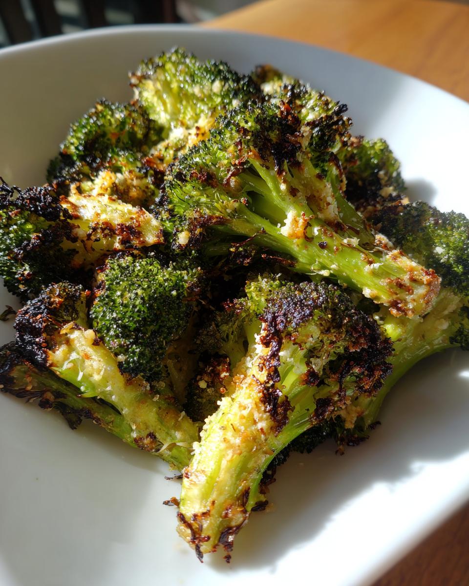 Close-up of perfectly seasoned and crispy roasted broccoli, showing charred edges and Parmesan cheese.