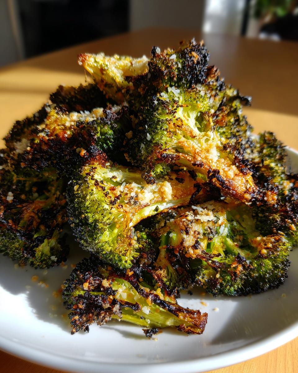 Close-up of intensely caramelized and crispy roasted broccoli florets sprinkled with Parmesan cheese.