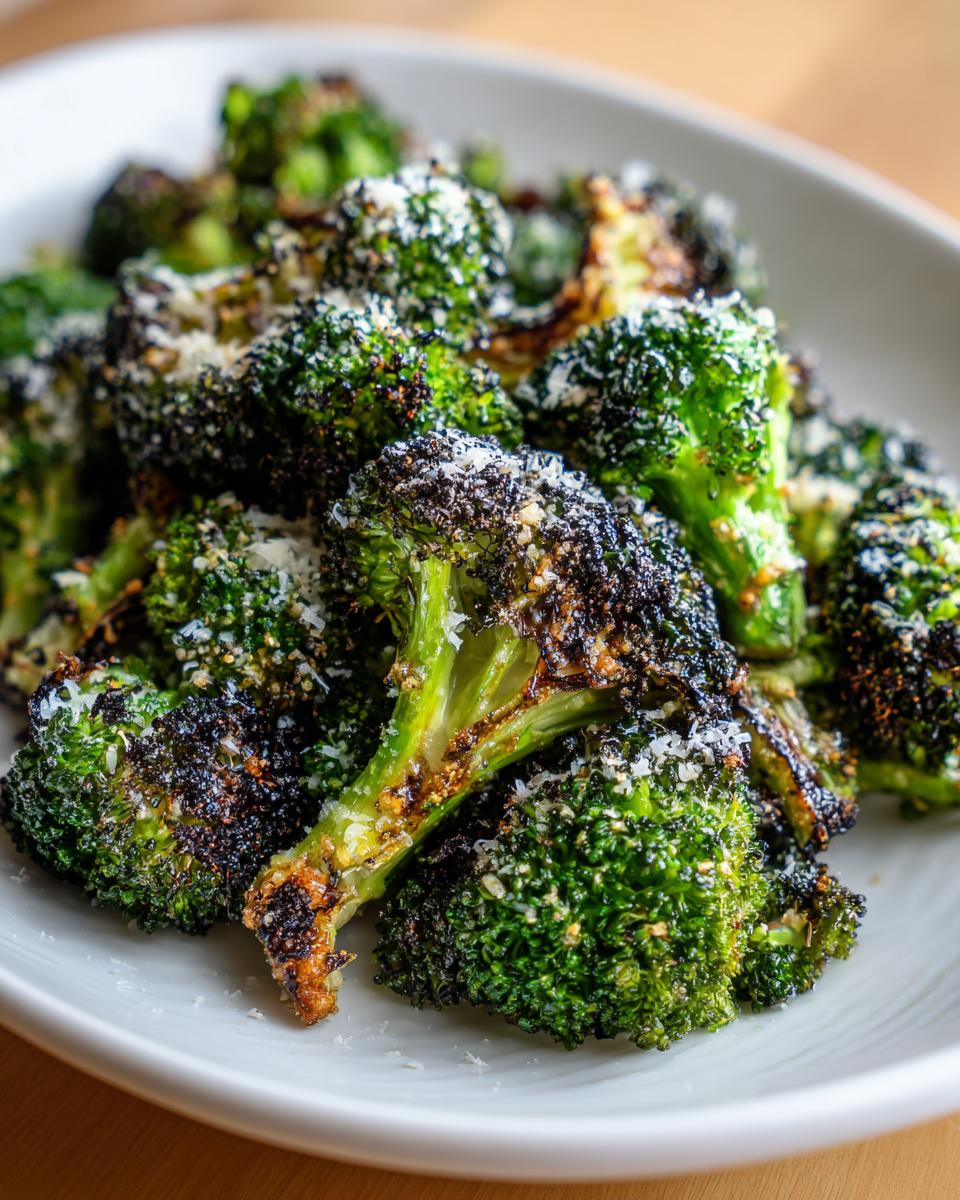 Close-up of vibrant green roasted broccoli florets topped with grated Parmesan cheese.