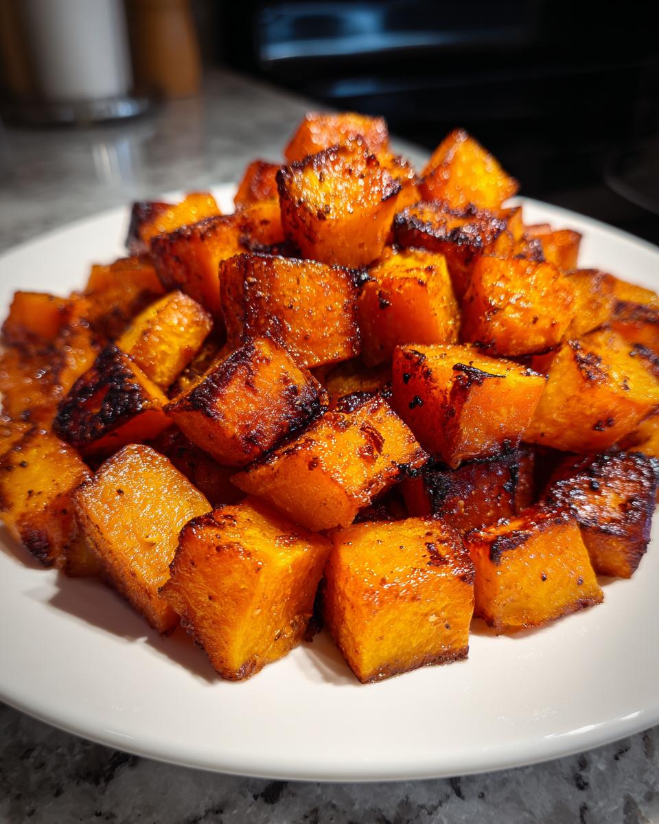 Close-up of a pile of beautifully caramelized and slightly charred roasted butternut squash cubes on a white plate.