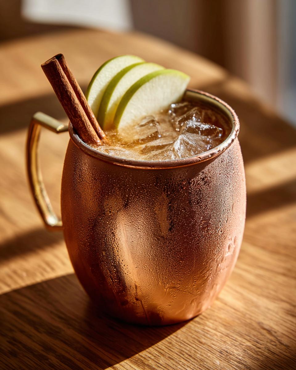 Close-up of a frosty copper mug filled with an apple cider moscow mule, garnished with apple slices and a cinnamon stick.