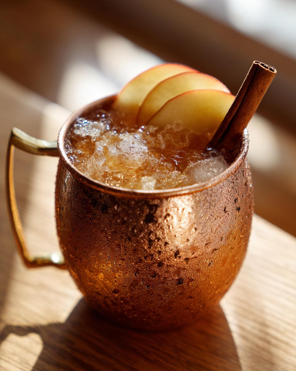 Close-up of a frosty copper mug filled with an apple cider Moscow mule, garnished with apple slices and a cinnamon stick.