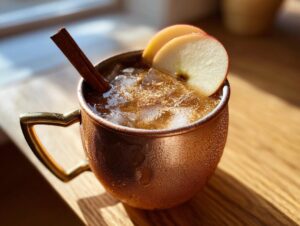 A frosty copper mug filled with an apple cider moscow mule, garnished with apple slices and a cinnamon stick.