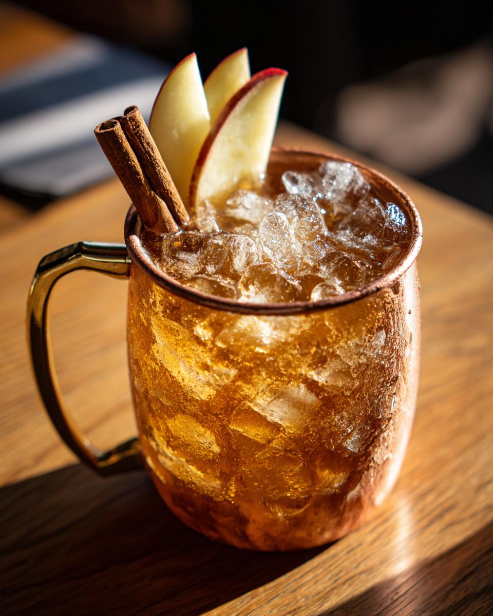 Close-up of a frosty apple cider moscow mule cocktail garnished with apple slices and cinnamon sticks.