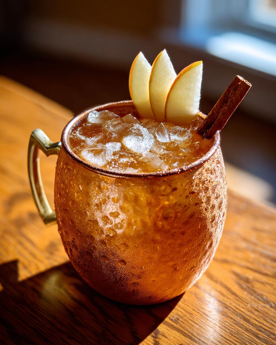 A frosty copper mug filled with an apple cider moscow mule, garnished with apple slices and a cinnamon stick.