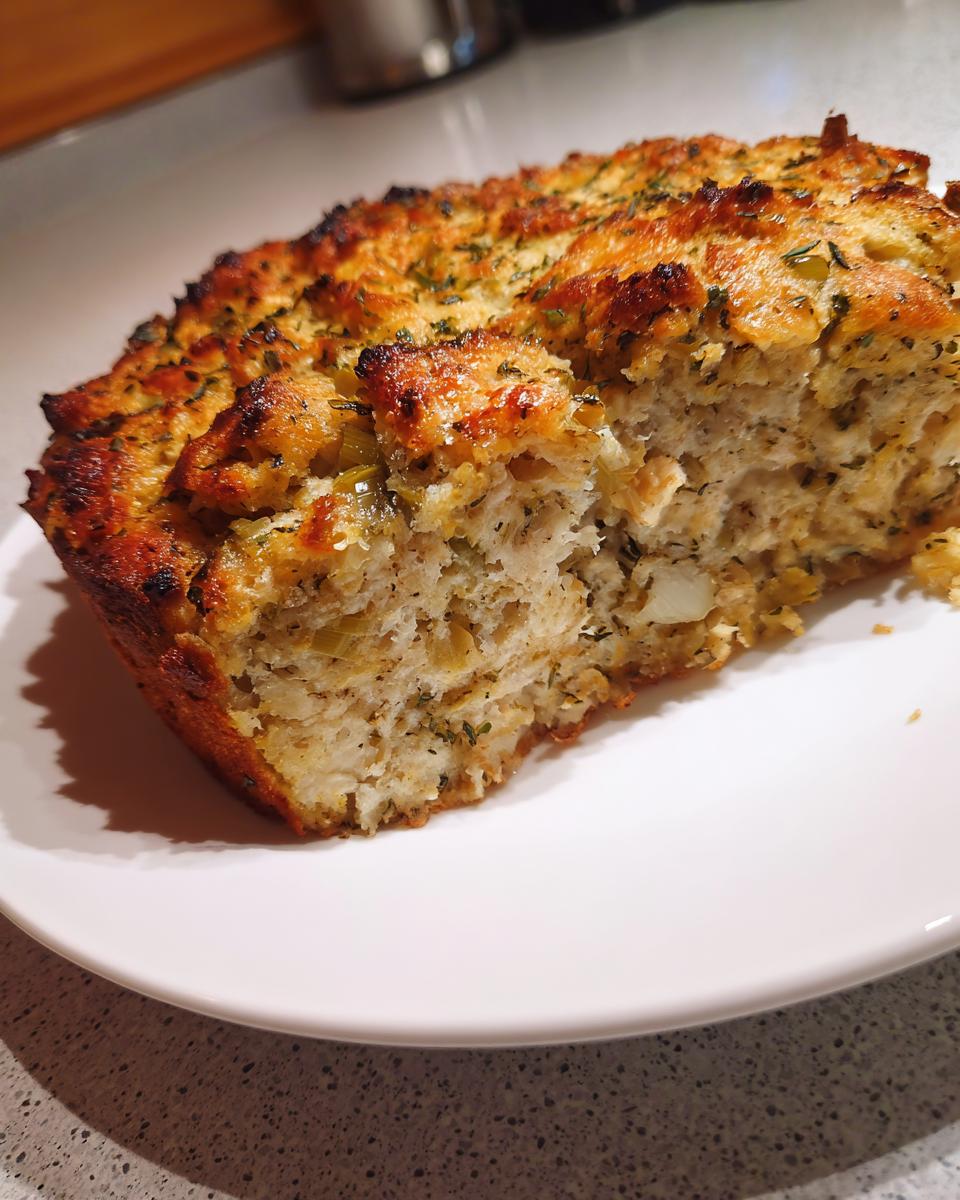 A close-up of a thick slice of baked stuffing showing a moist interior and a golden, herbed crust.