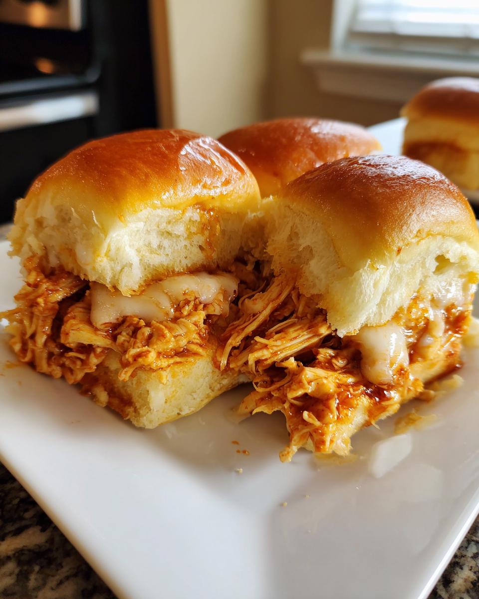 Close-up of two halves of a delicious bbq chicken sliders sandwich filled with shredded chicken and melted white cheese.