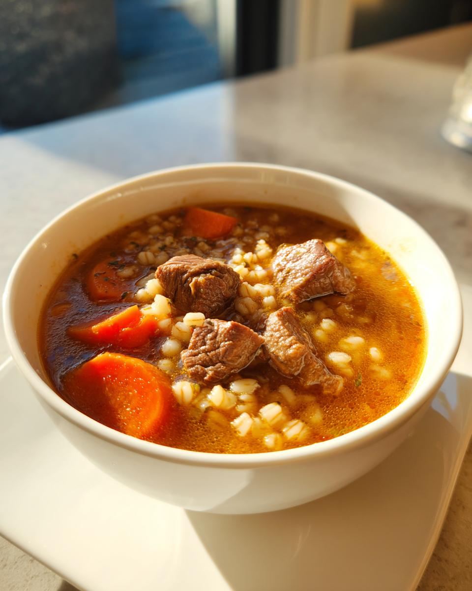 A close-up of a white bowl filled with rich beef barley soup, featuring chunks of beef, pearl barley, and sliced carrots.