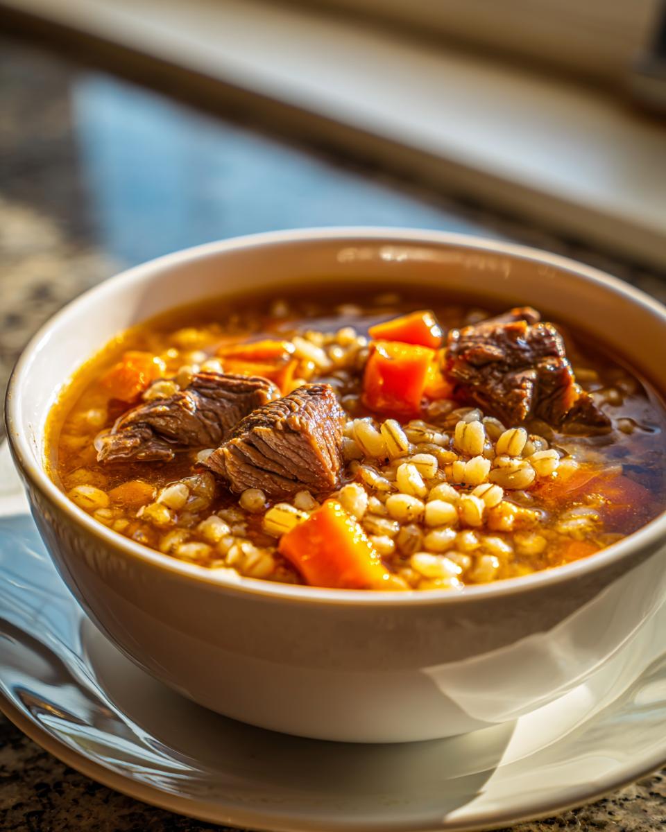 Close-up of a white bowl filled with rich beef barley soup, featuring chunks of beef, barley, and carrots.