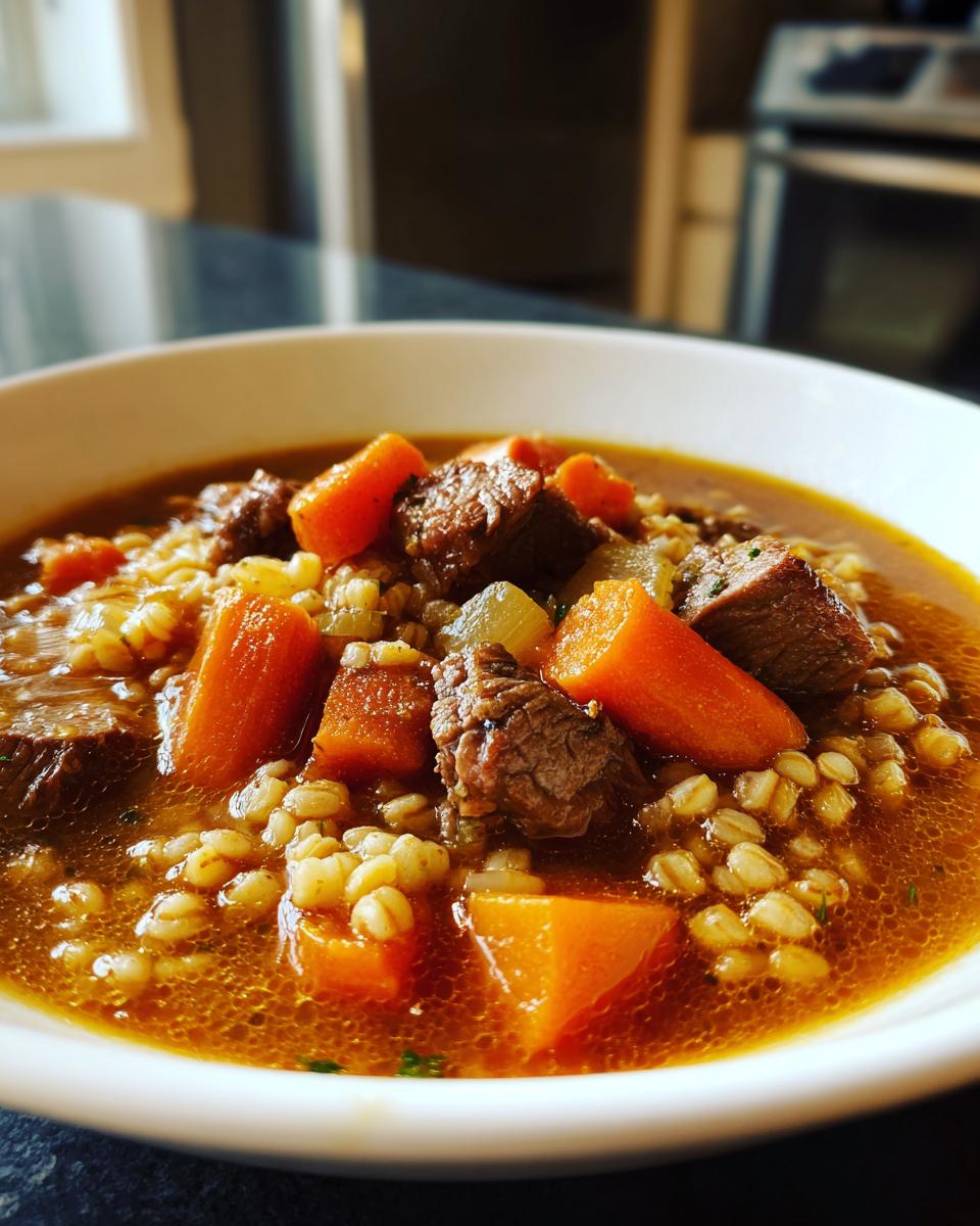 Close-up of a white bowl filled with rich beef barley soup, featuring chunks of beef, bright carrots, and plump barley.