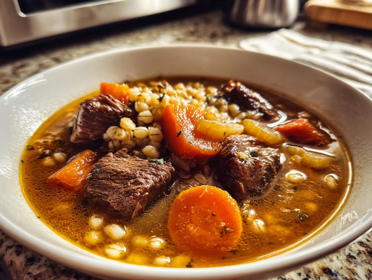Close-up of a white bowl filled with rich beef barley soup, featuring chunks of beef, carrots, and plump barley grains.