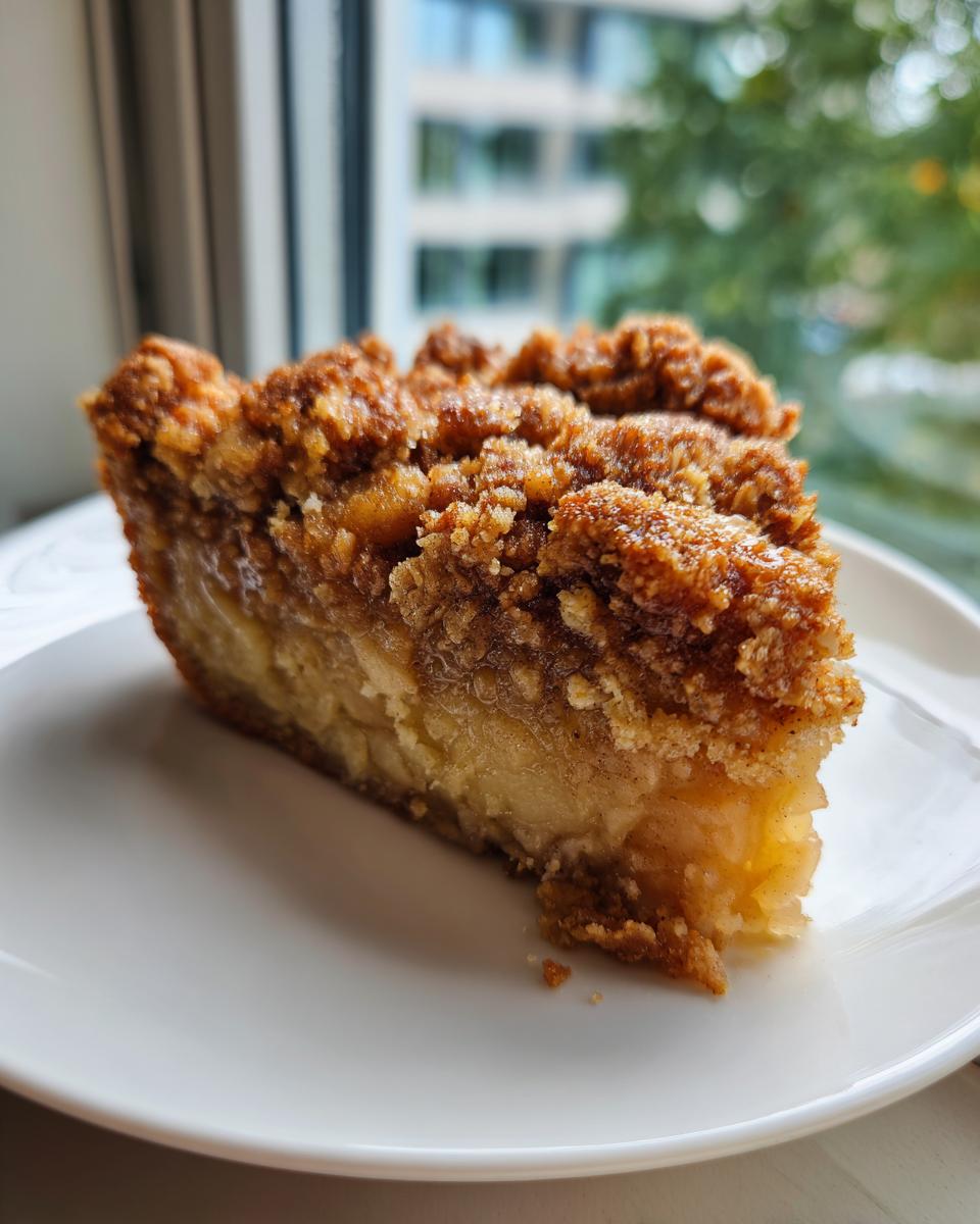 A close-up shot of a thick slice of apple crumble on a white plate, showing the gooey apple filling and crunchy brown topping.