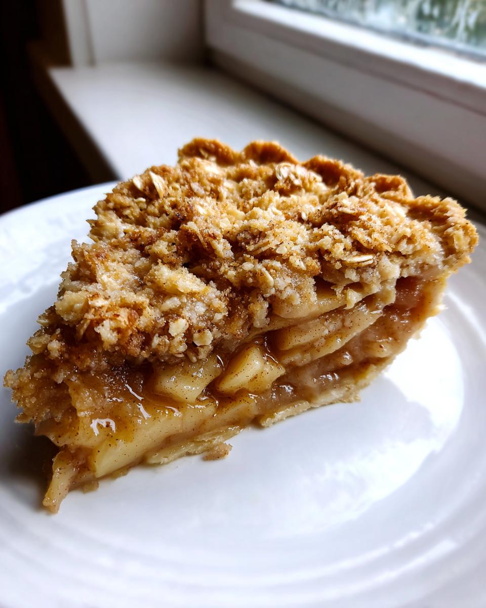 A close-up view of a delicious slice of apple crumble on a white plate, showing layers of spiced apples and a thick oat topping.