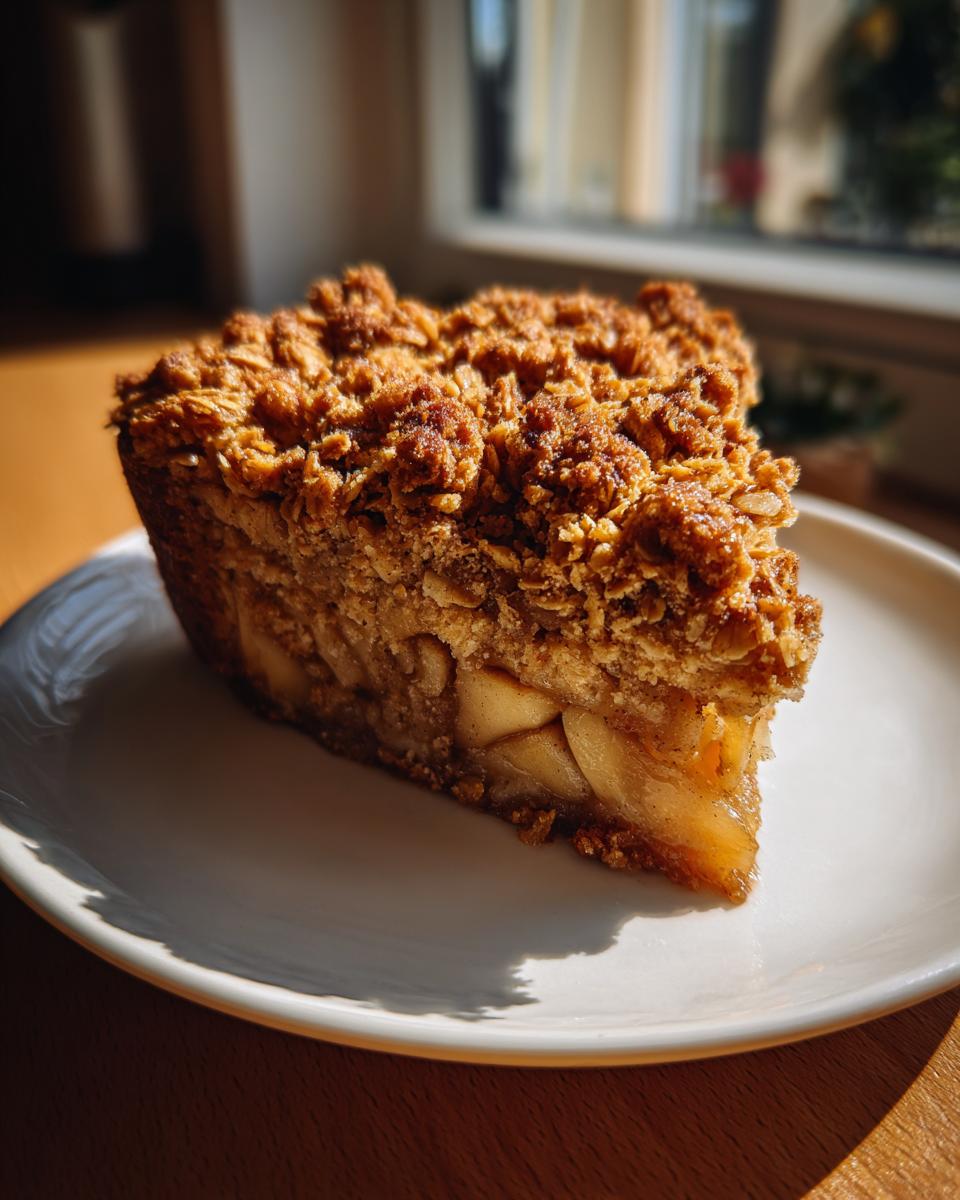 A close-up shot of a thick slice of apple crumble showing tender baked apples beneath a golden, crunchy oat topping.