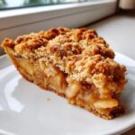 A close-up of a thick slice of apple crumble on a white plate, showing the gooey apple filling and crunchy topping.