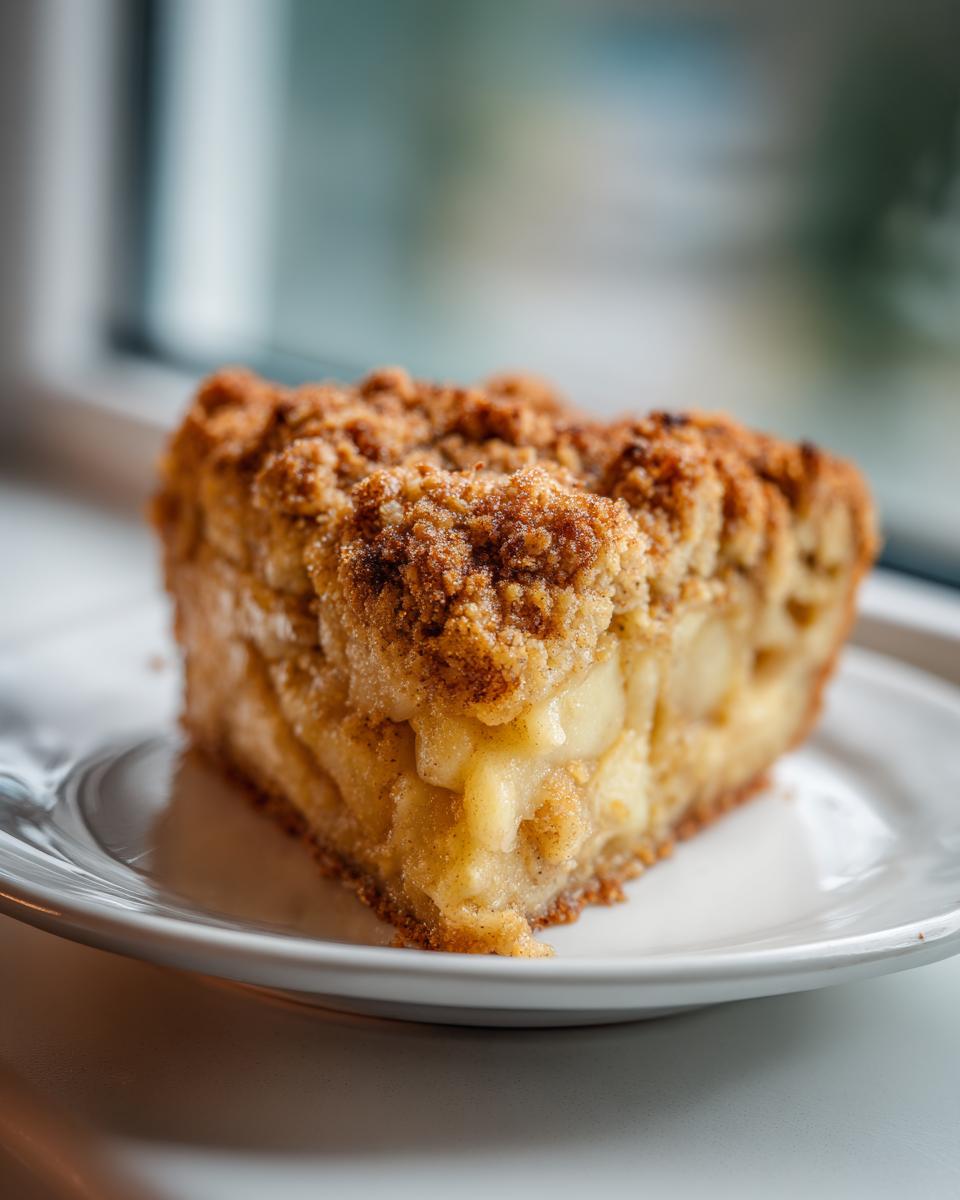 A thick slice of homemade apple crumble showing soft baked apples and a generous, crisp cinnamon streusel topping.