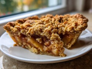 Close-up of two generous slices of homemade apple crumble showing a thick, buttery oat topping and tender apple filling.