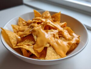 A white bowl filled with tortilla chips generously topped with smooth, bright orange nacho cheese sauce.