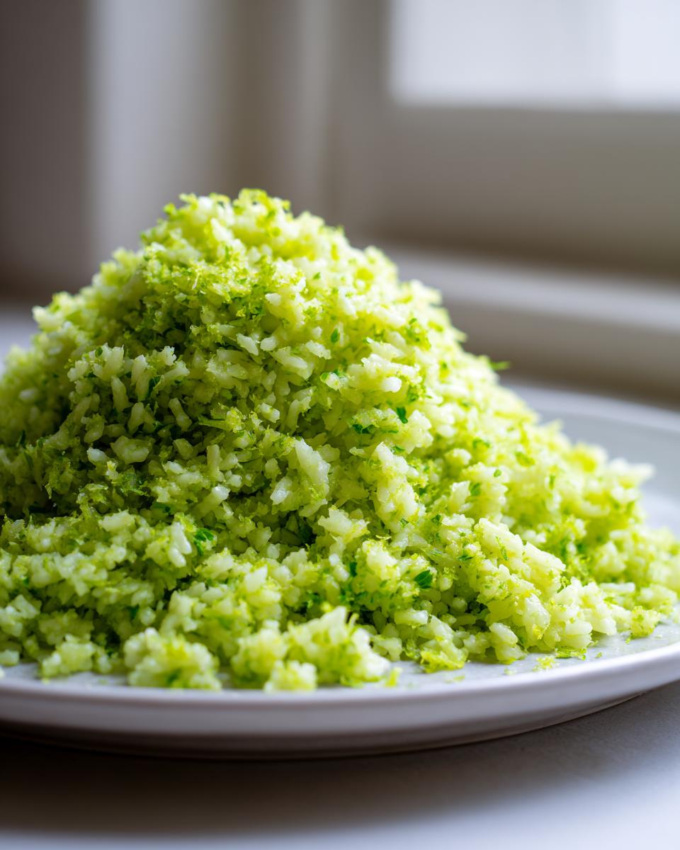A mound of bright green cilantro lime rice seasoned with lime zest and herbs, ready to serve.