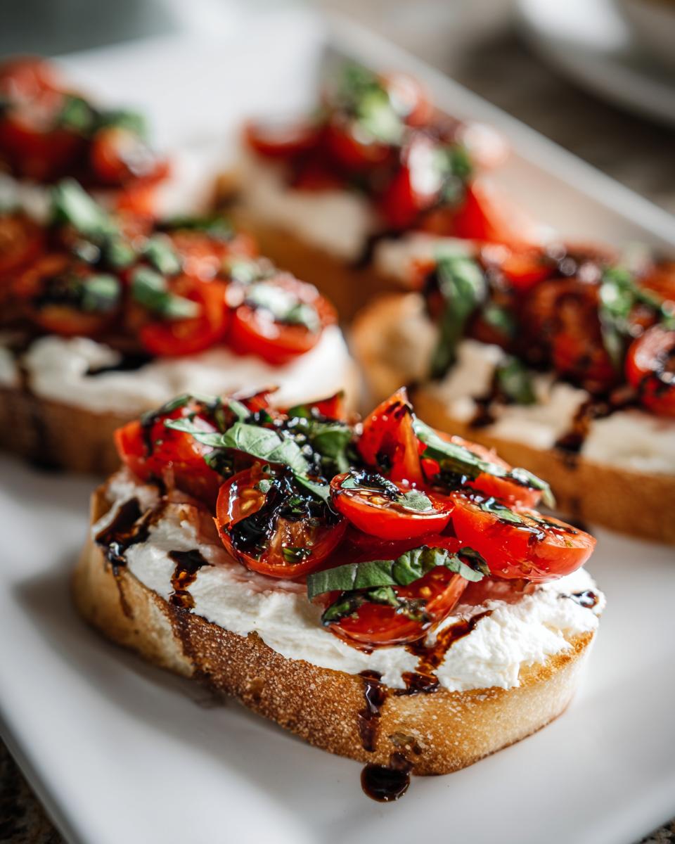 Close-up of toasted bread topped with creamy cheese, cherry tomatoes, basil, and balsamic glaze, resembling a bruschetta dip serving.