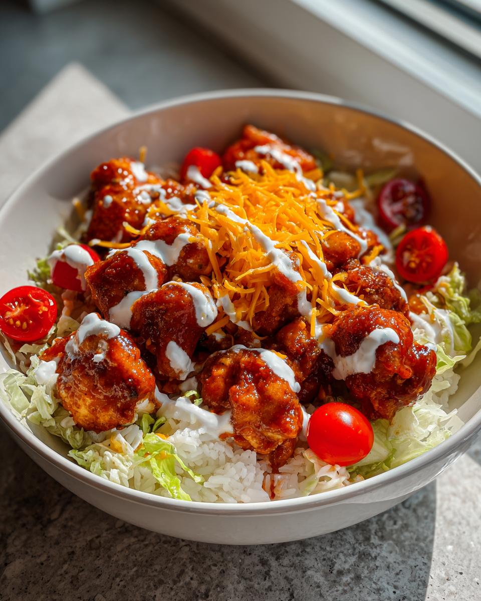 A close-up of a buffalo chicken bowl featuring saucy chicken pieces over rice, lettuce, topped with ranch, shredded cheese, and cherry tomatoes.