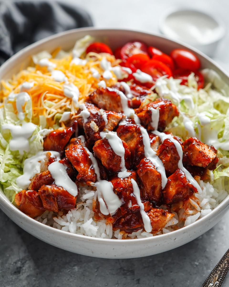 A close-up of a buffalo chicken bowl featuring saucy chicken pieces over rice, topped with shredded lettuce, cheese, tomatoes, and a ranch drizzle.