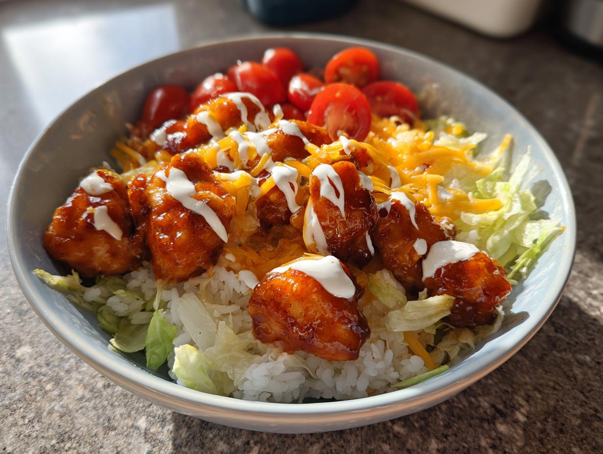 A close-up of a delicious buffalo chicken bowl featuring saucy chicken pieces over rice, shredded lettuce, cheese, and cherry tomatoes.