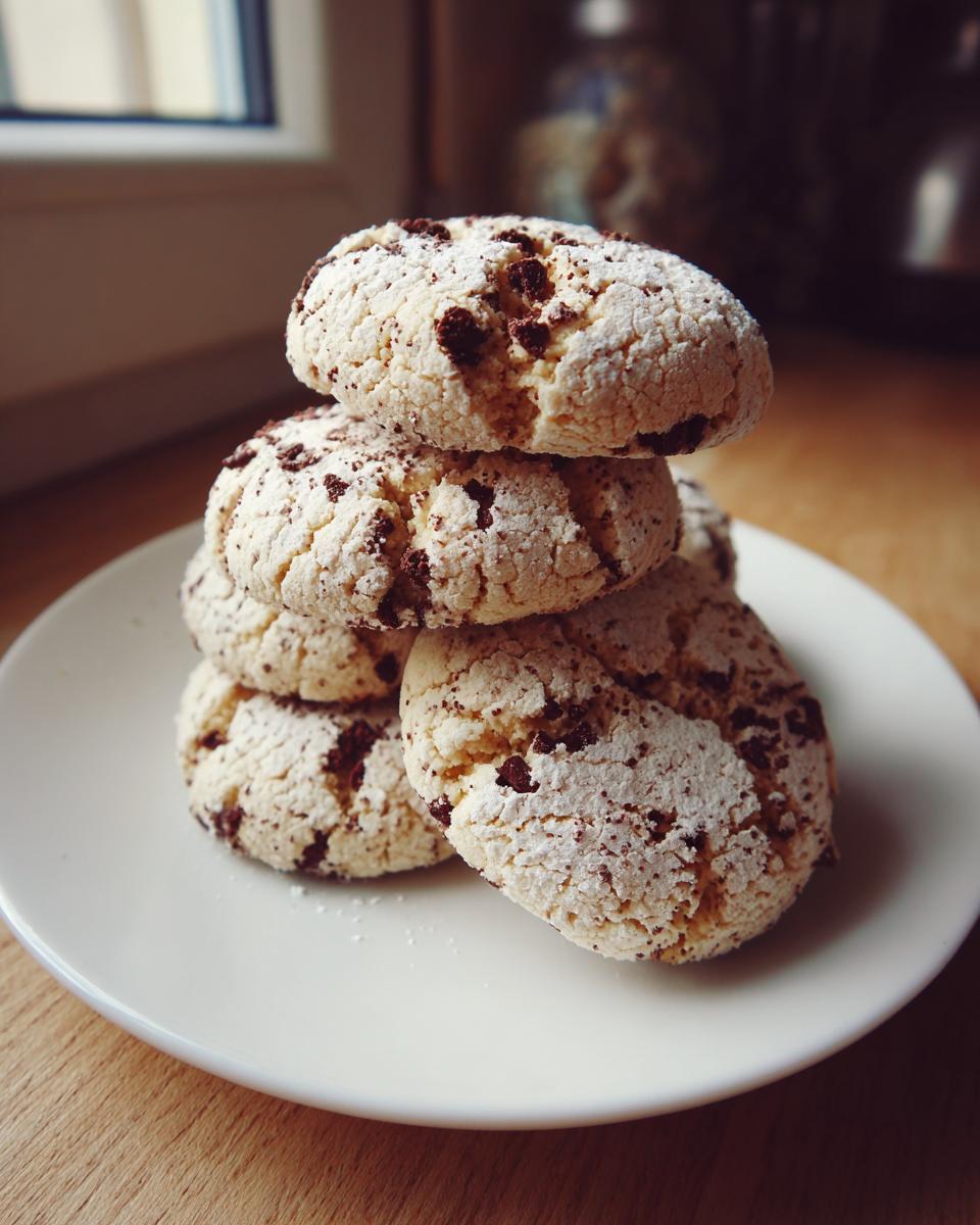 A stack of four soft, crinkled cannoli cookies dusted with powdered sugar and chocolate chips on a white plate.