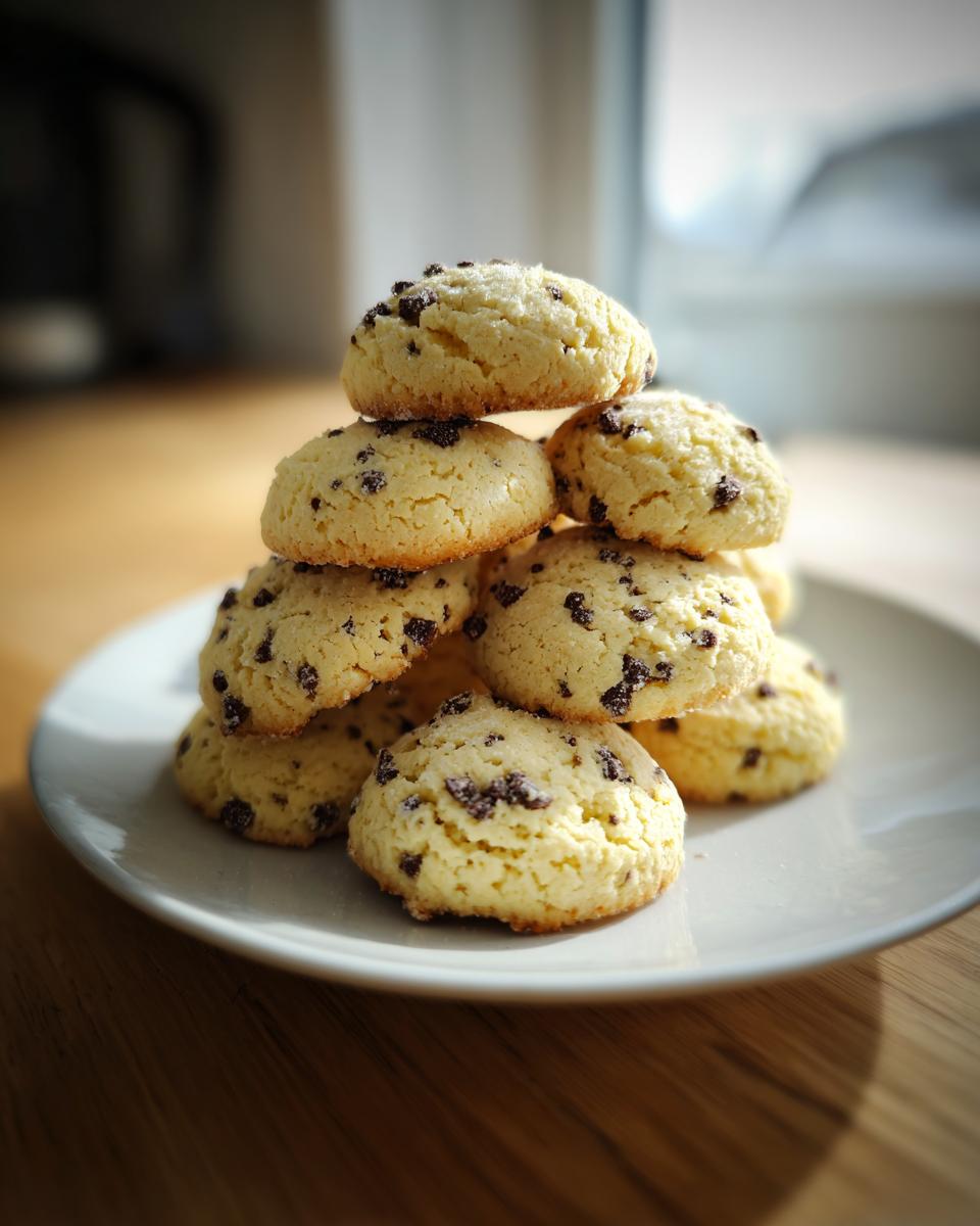 A pyramid stack of soft, light yellow cannoli cookies dotted with mini chocolate chips on a white plate.
